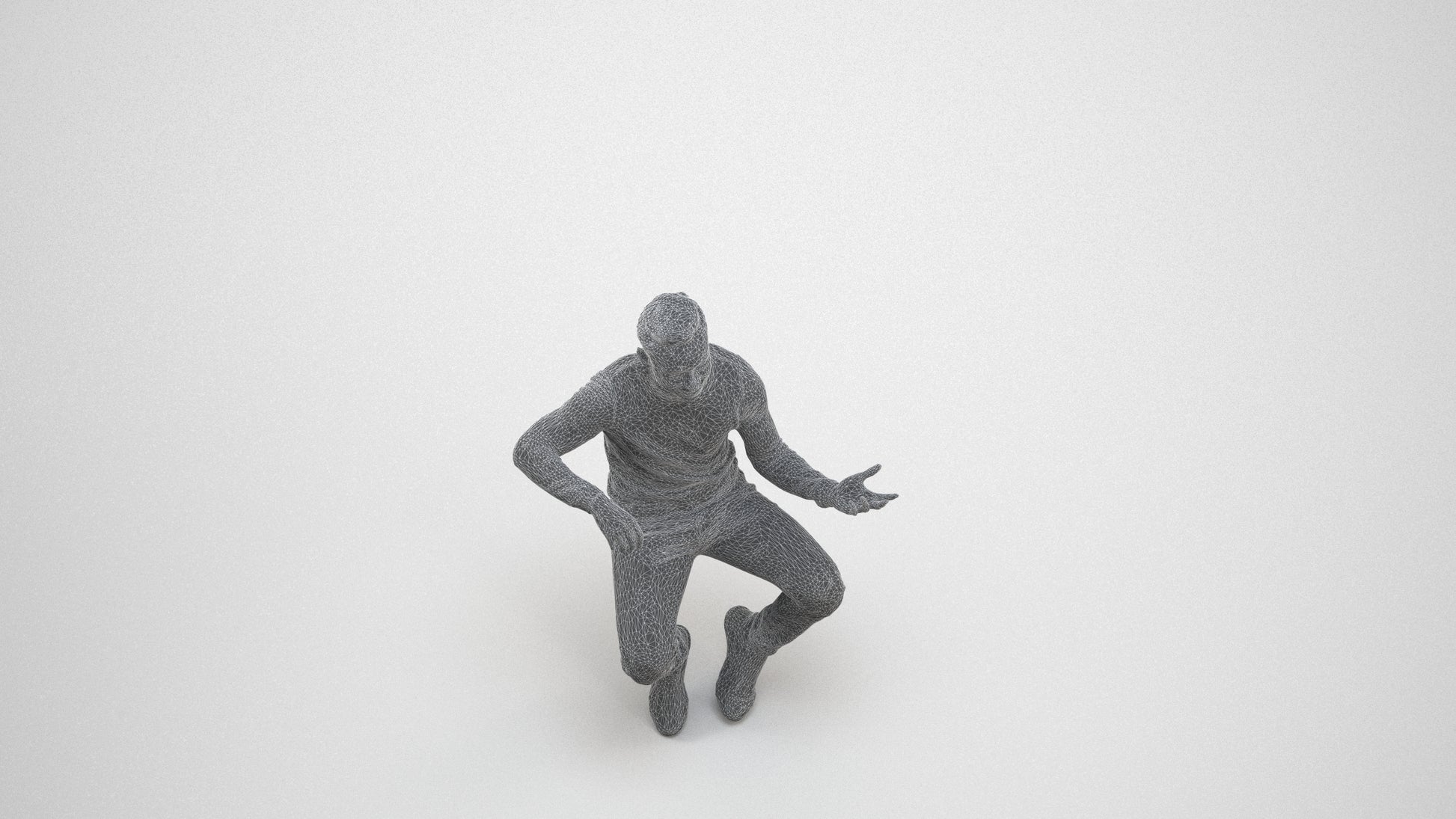 3D people model man casual sitting, scanned human for 3ds Max rendering, wireframe three-quarter view