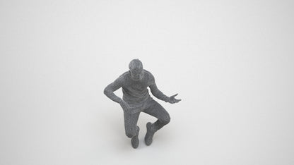3D people model man casual sitting, scanned human for 3ds Max rendering, wireframe three-quarter view