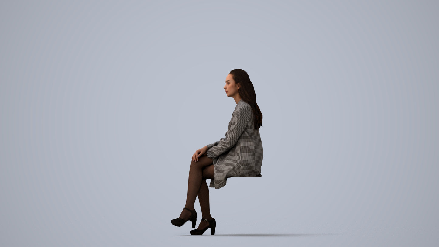 photogrammetry 3D woman business sitting, realistic human model archviz FBX, three-quarter view render