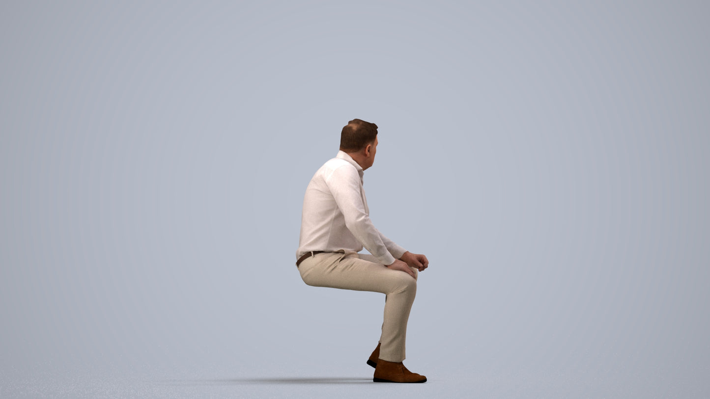 3D scanned man sitting casual, photorealistic archviz people for Enscape and SketchUp, side view render