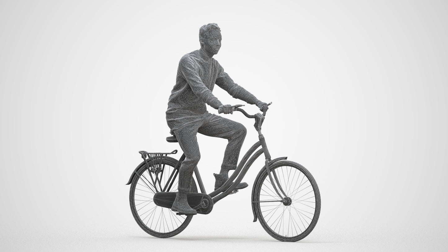 3D human model man casual cycling, photogrammetry scanned person for archviz, three-quarter front view render