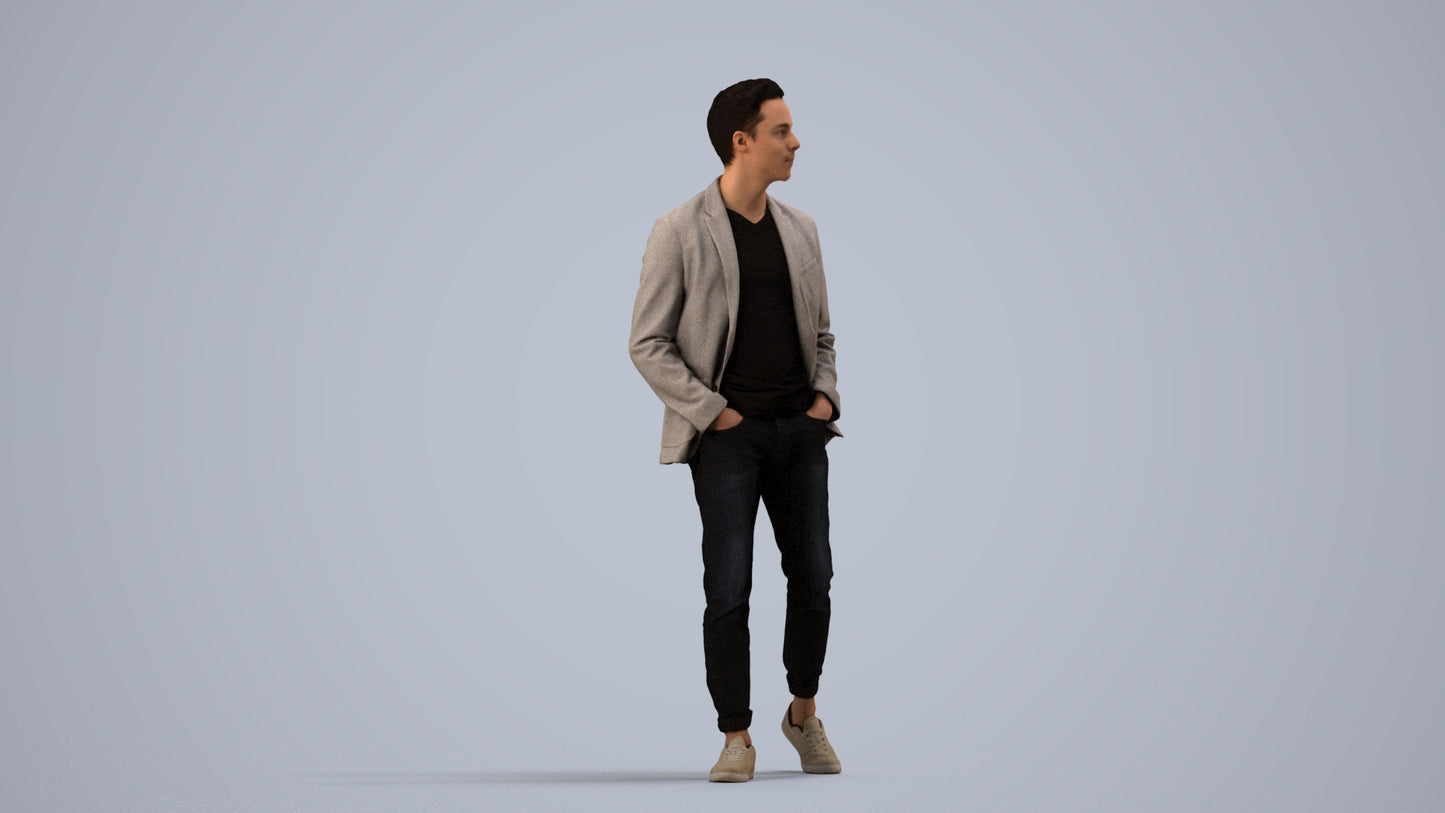 3D scanned man walking business, photorealistic archviz people for Enscape and SketchUp, side view render