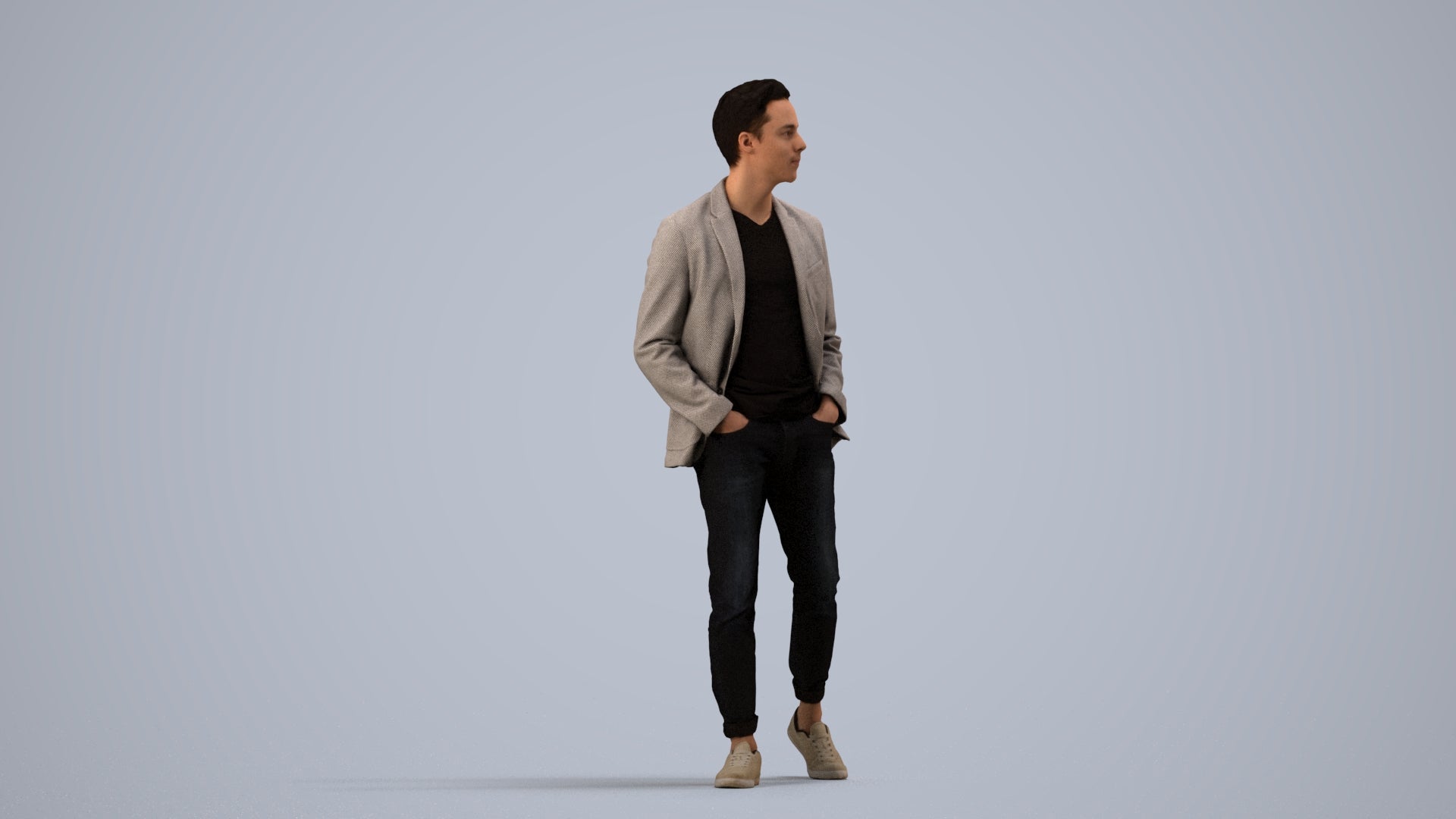 3D scanned man walking business, photorealistic archviz people for Enscape and SketchUp, side view render