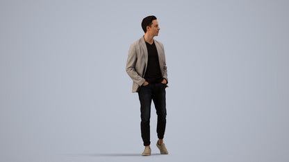 3D scanned man walking business, photorealistic archviz people for Enscape and SketchUp, side view render