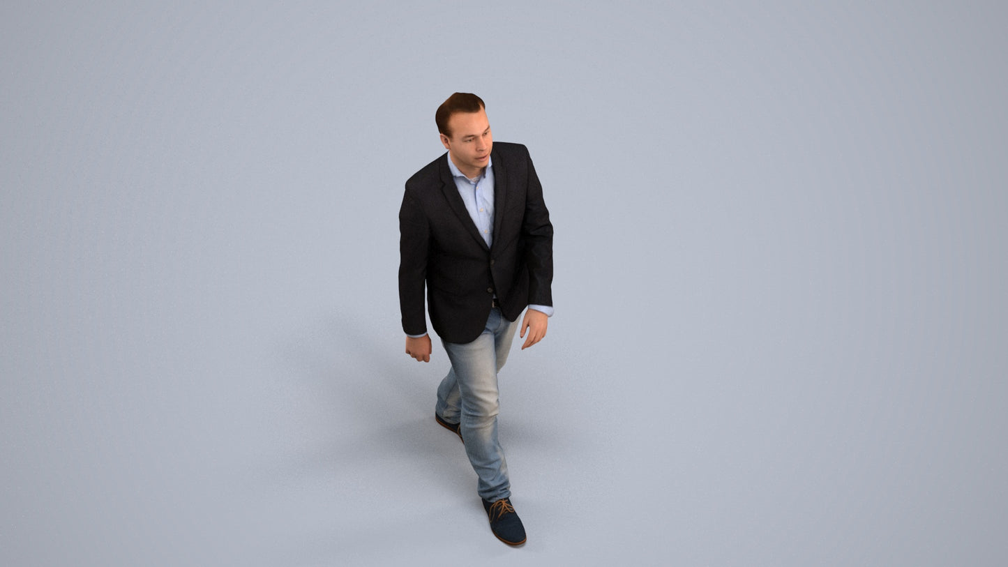 3D human model man business walking, photogrammetry scanned person for archviz, back view render