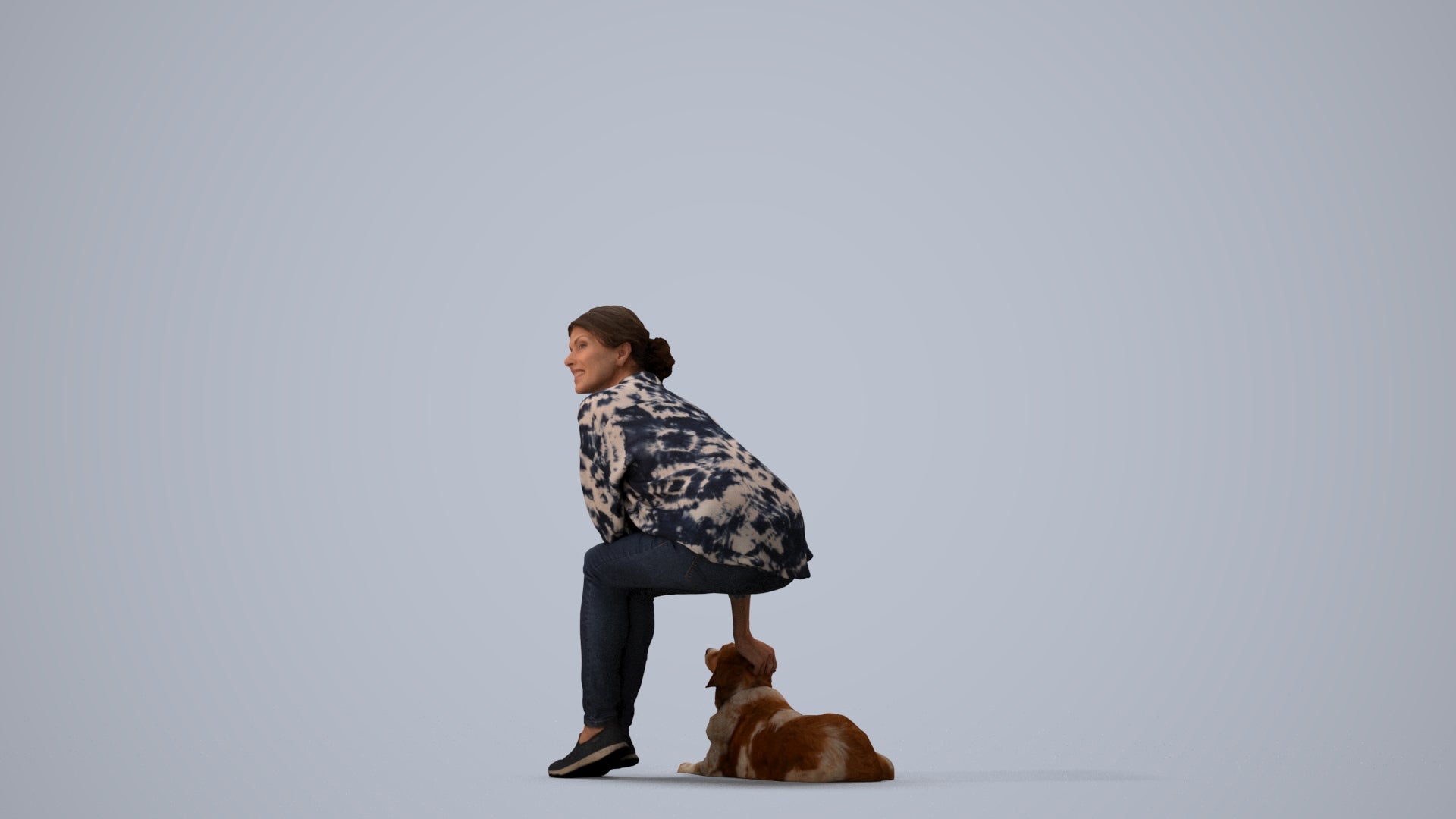 3D people model man casual sitting, scanned human for 3ds Max rendering, three-quarter view render