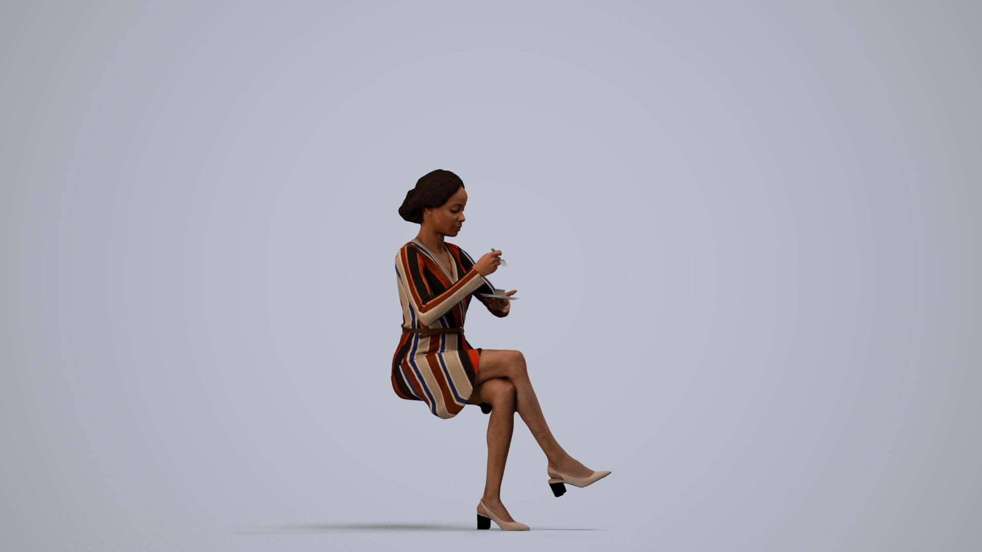 scanned 3D woman casual sitting, photogrammetry people for Enscape and V-Ray, side view render