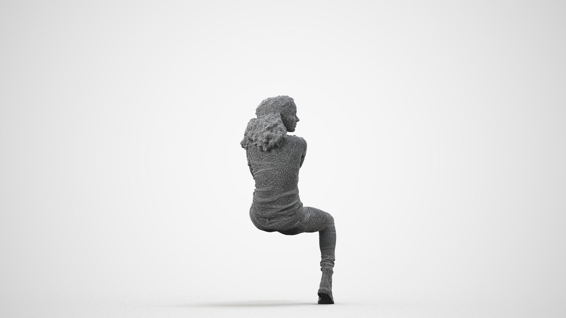 3D people model woman casual sitting, scanned human for 3ds Max rendering, wireframe side view