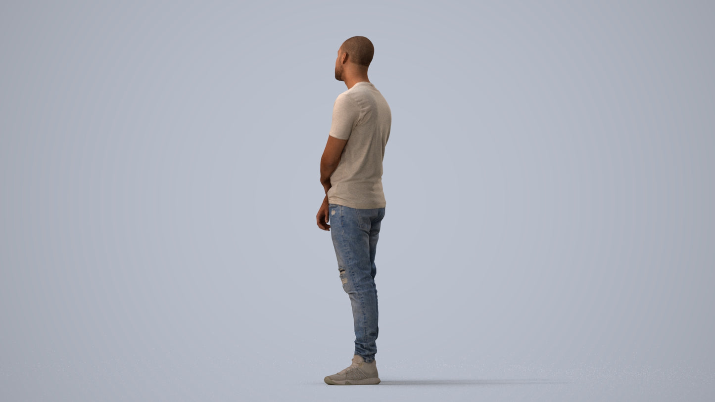 3D human model man casual standing, photogrammetry scanned person for archviz, three-quarter view render