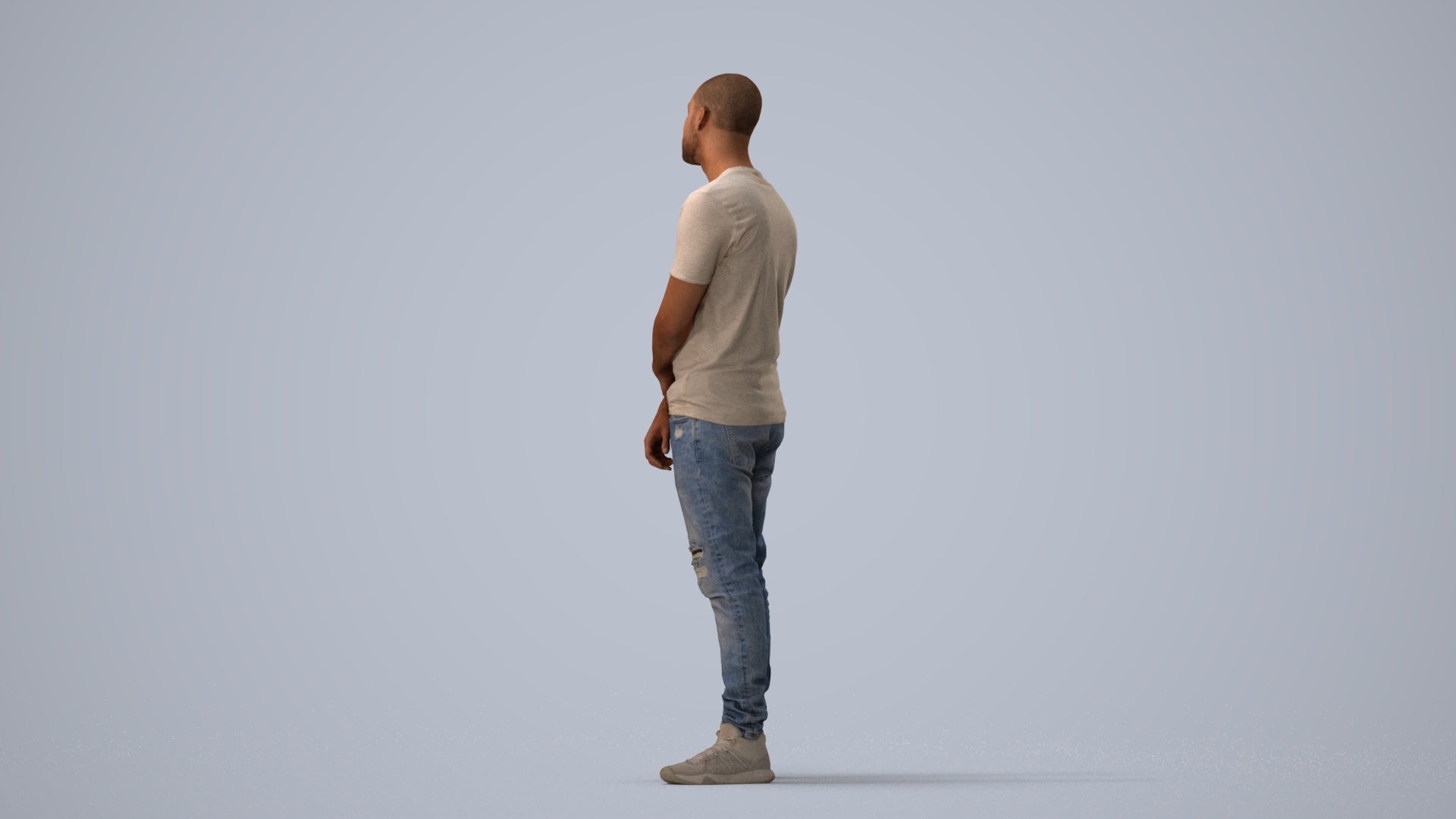 3D human model man casual standing, photogrammetry scanned person for archviz, three-quarter view render