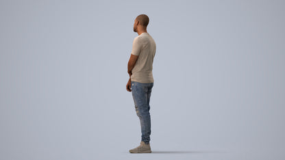 3D human model man casual standing, photogrammetry scanned person for archviz, three-quarter view render