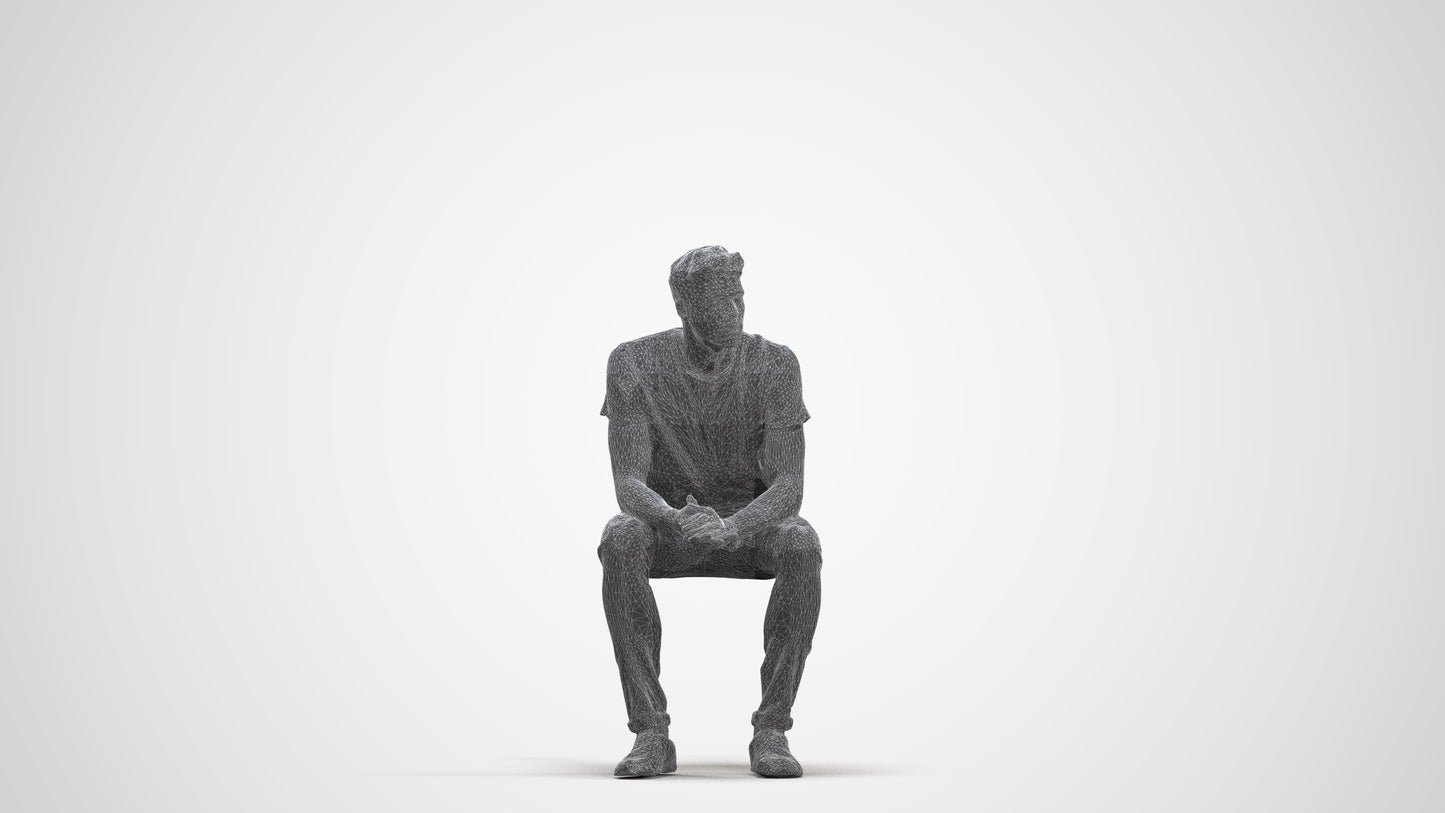 realistic 3D man casual sitting, scanned archviz people for Blender and 3ds Max, three-quarter front view render