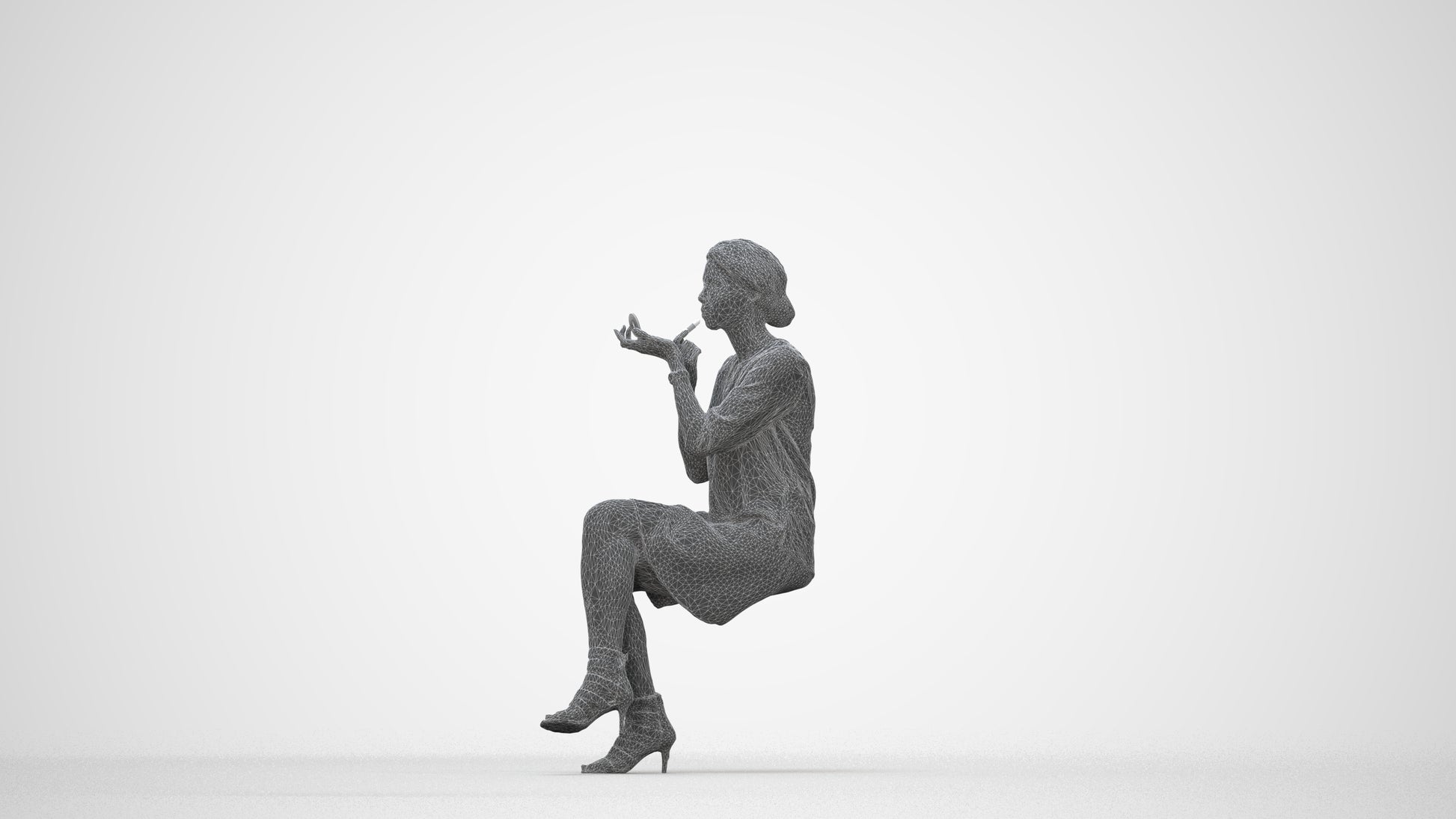 3D people model woman casual sitting, scanned human for 3ds Max rendering, wireframe back view