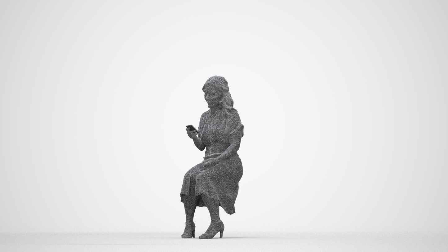 realistic 3D people woman casual sitting, render-ready for V-Ray and Corona, FBX OBJ, wireframe back view