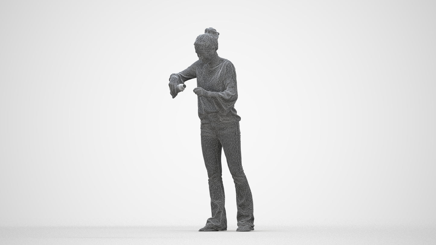 3D scanned woman standing casual, photorealistic archviz people for Enscape and SketchUp, wireframe back view