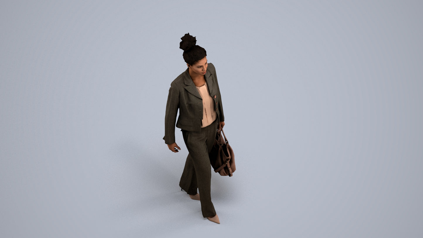 realistic 3D woman business walking, scanned archviz people for Blender and 3ds Max, back view render