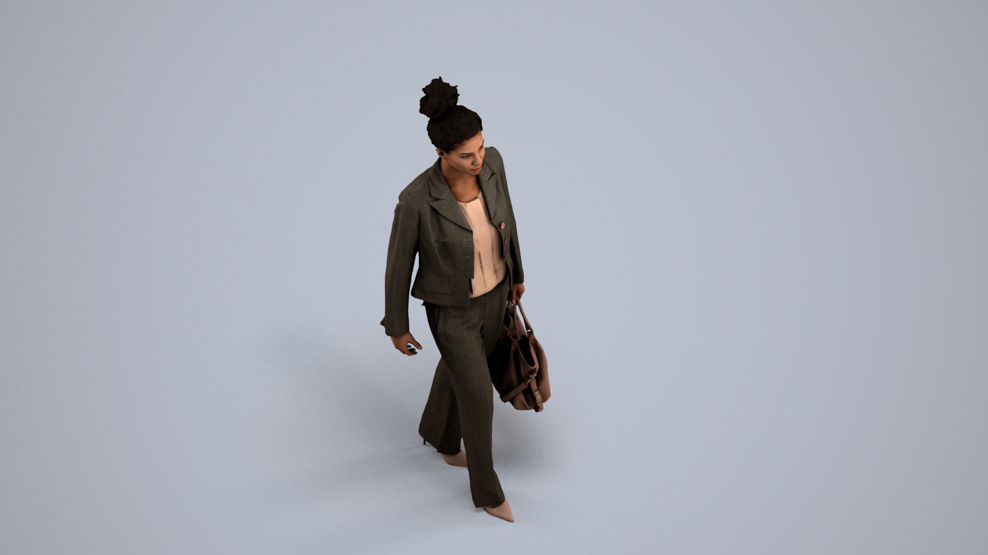 realistic 3D woman business walking, scanned archviz people for Blender and 3ds Max, back view render