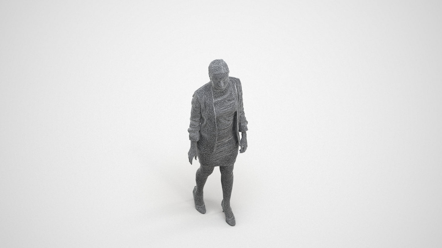 photogrammetry 3D woman business walking, realistic human model archviz FBX, wireframe three-quarter view