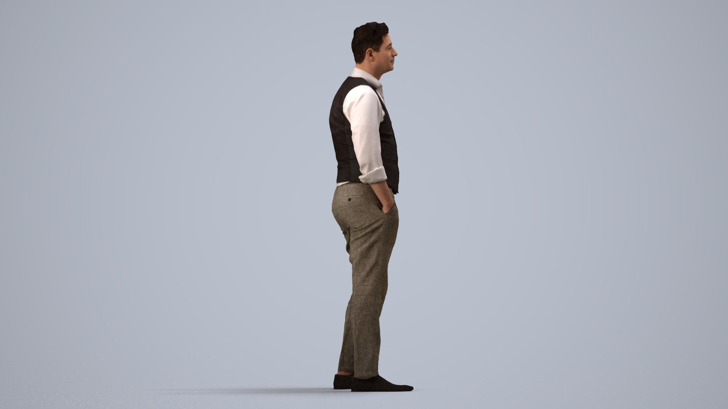 3D scanned man standing business, photorealistic archviz people for Enscape and SketchUp, side view render