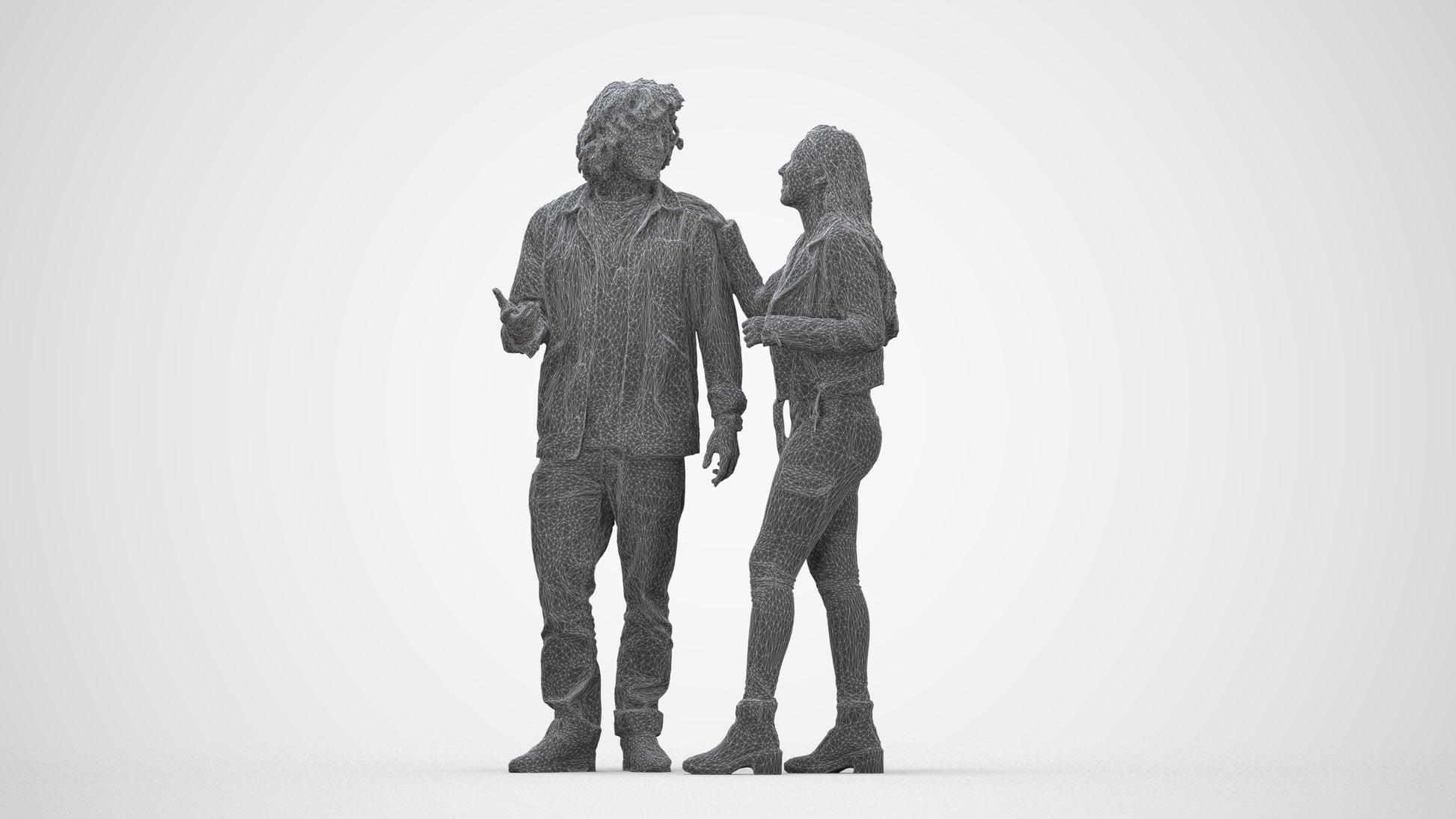 realistic 3D people woman casual couple, render-ready for V-Ray and Corona, FBX OBJ, wireframe back view