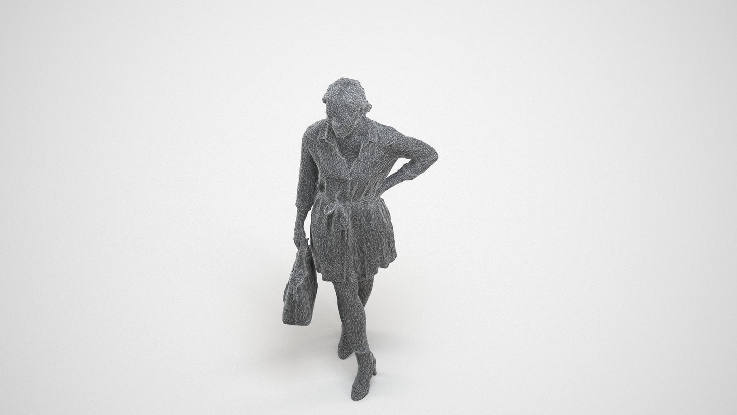 3D human model woman casual standing, photogrammetry scanned person for archviz, wireframe three-quarter view