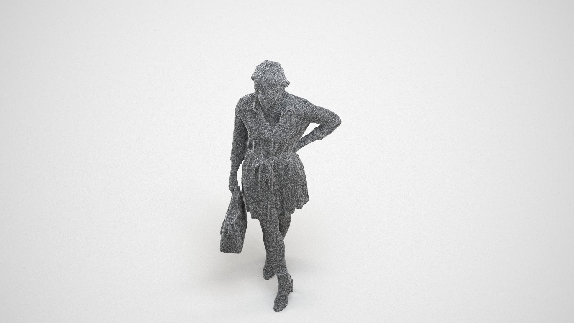 3D human model woman casual standing, photogrammetry scanned person for archviz, wireframe three-quarter view