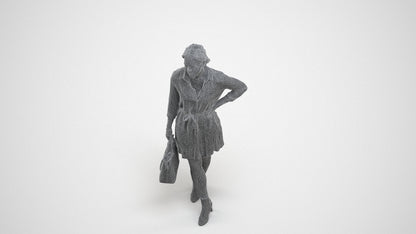 3D human model woman casual standing, photogrammetry scanned person for archviz, wireframe three-quarter view