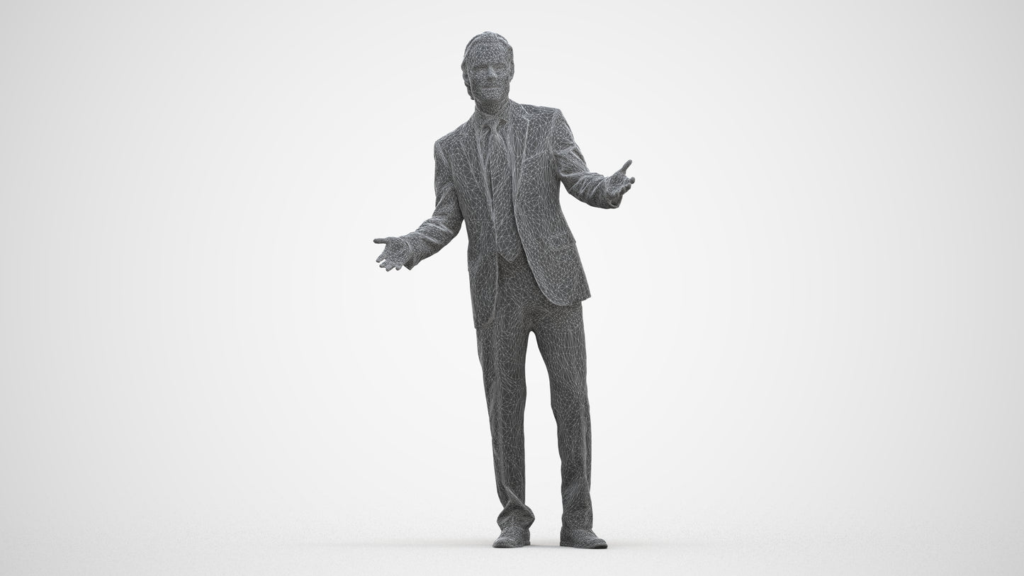3D human model man business, photogrammetry scanned person for archviz, three-quarter front view render