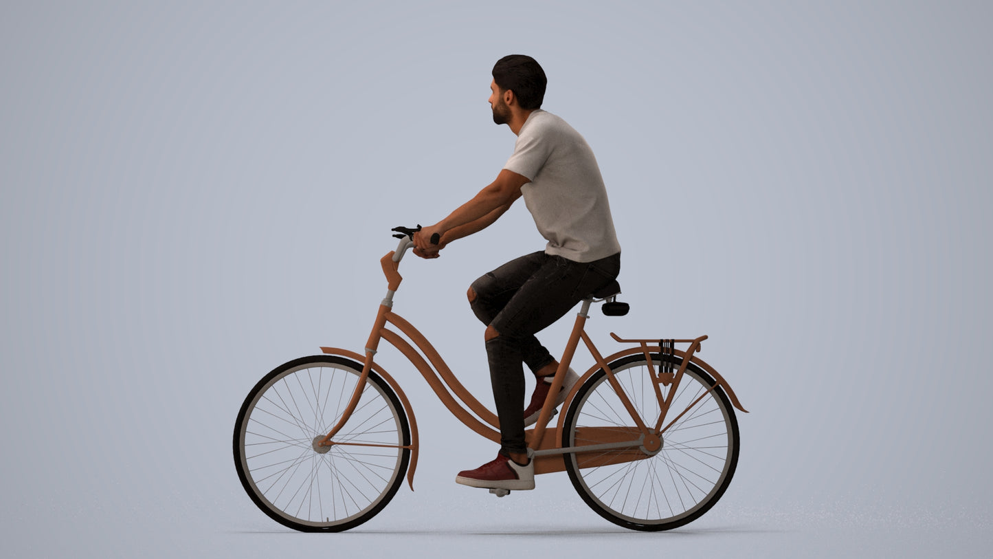 realistic 3D people man casual cycling, render-ready for V-Ray and Corona, FBX OBJ, three-quarter view render