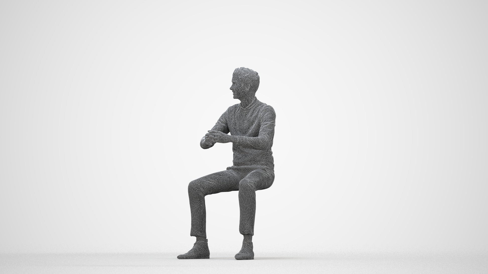 3D human model man casual business, photogrammetry scanned person for archviz, wireframe back view