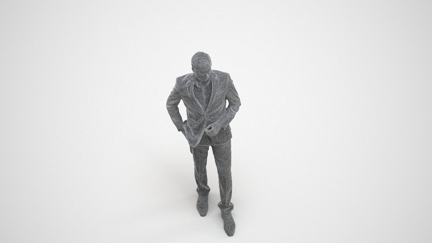 3D scanned man standing business, photorealistic archviz people for Enscape and SketchUp, wireframe three-quarter view