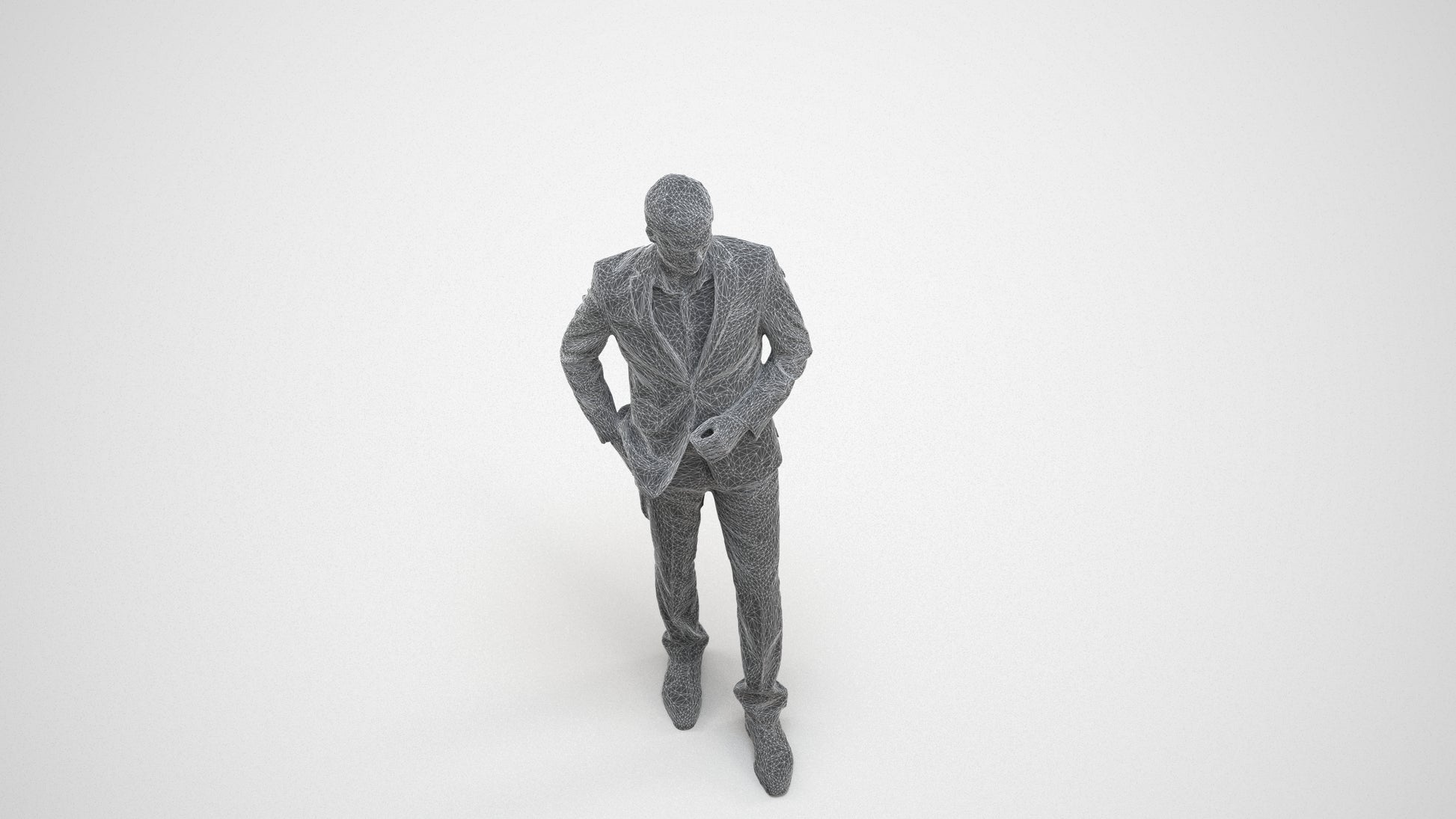 3D scanned man standing business, photorealistic archviz people for Enscape and SketchUp, wireframe three-quarter view