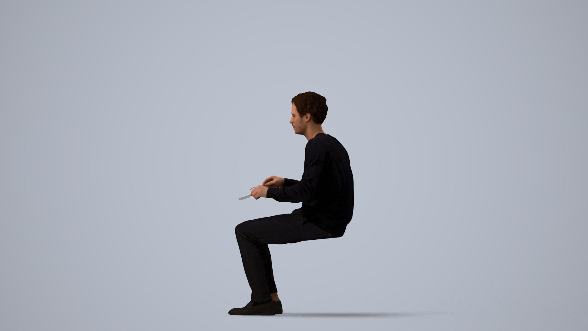 realistic 3D man casual sitting, scanned archviz people for Blender and 3ds Max, three-quarter view render