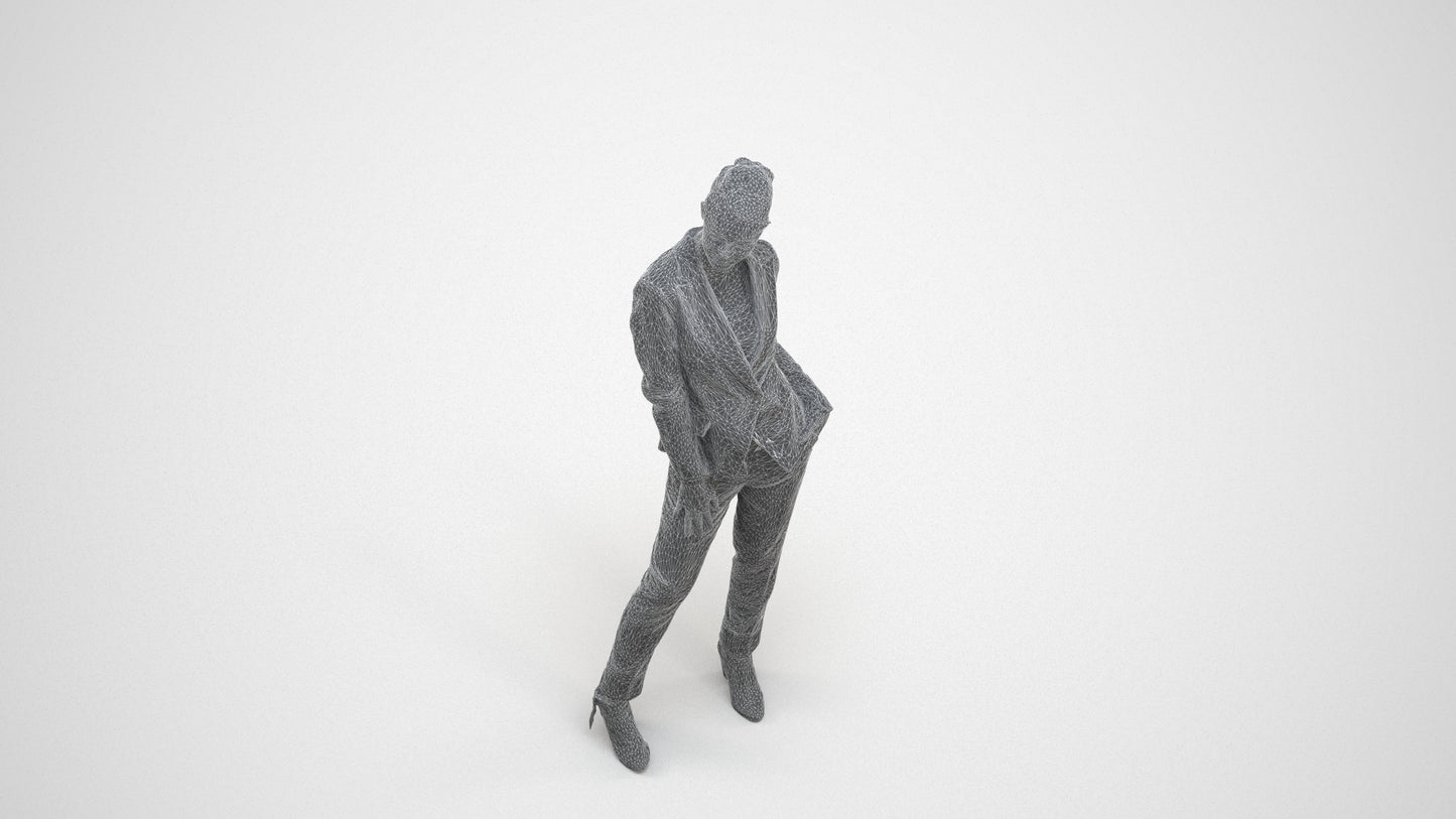 3D scanned woman business, photorealistic archviz people for Enscape and SketchUp, wireframe three-quarter view
