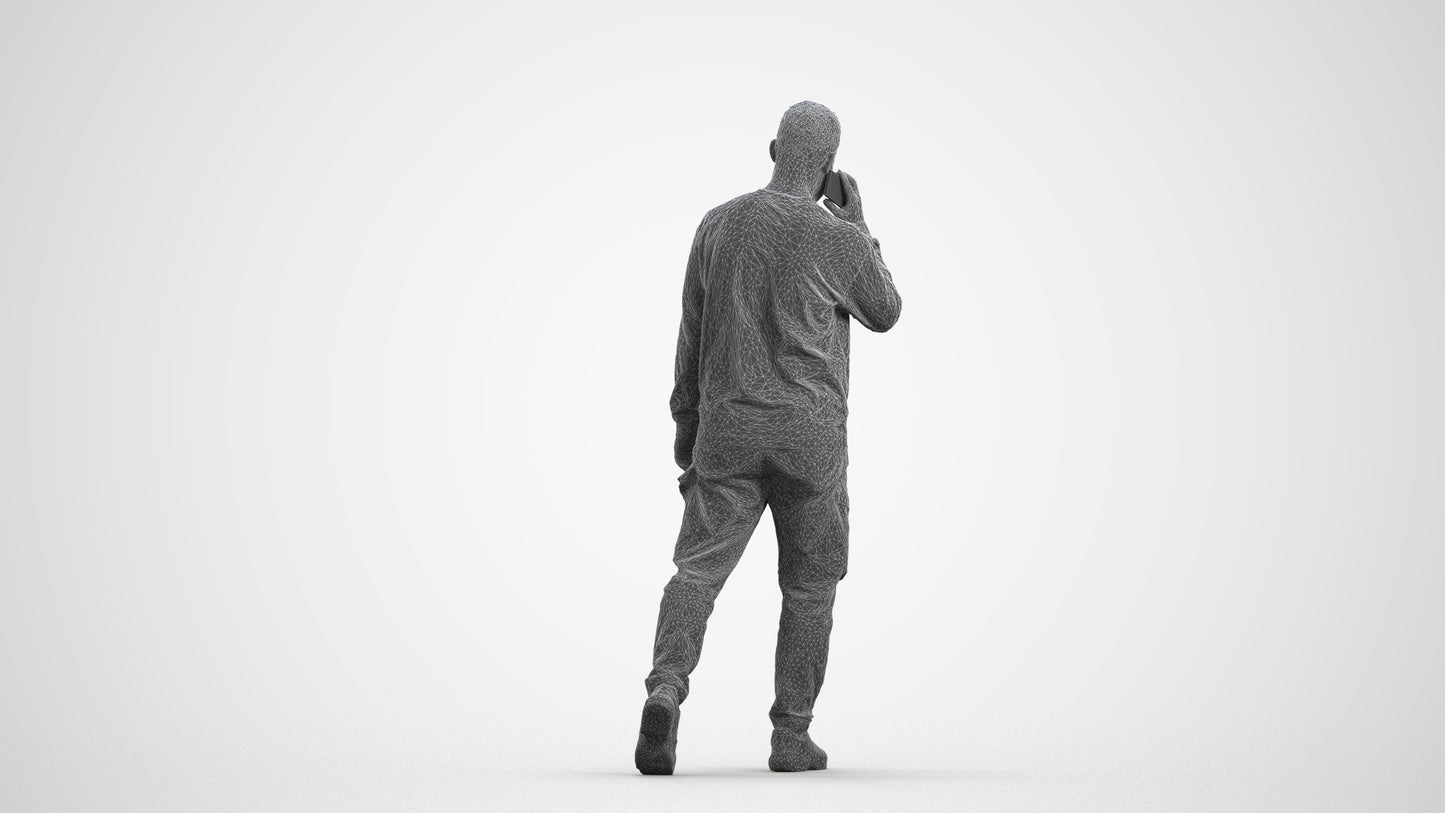 3D scanned man walking casual, photorealistic archviz people for Enscape and SketchUp, wireframe front view