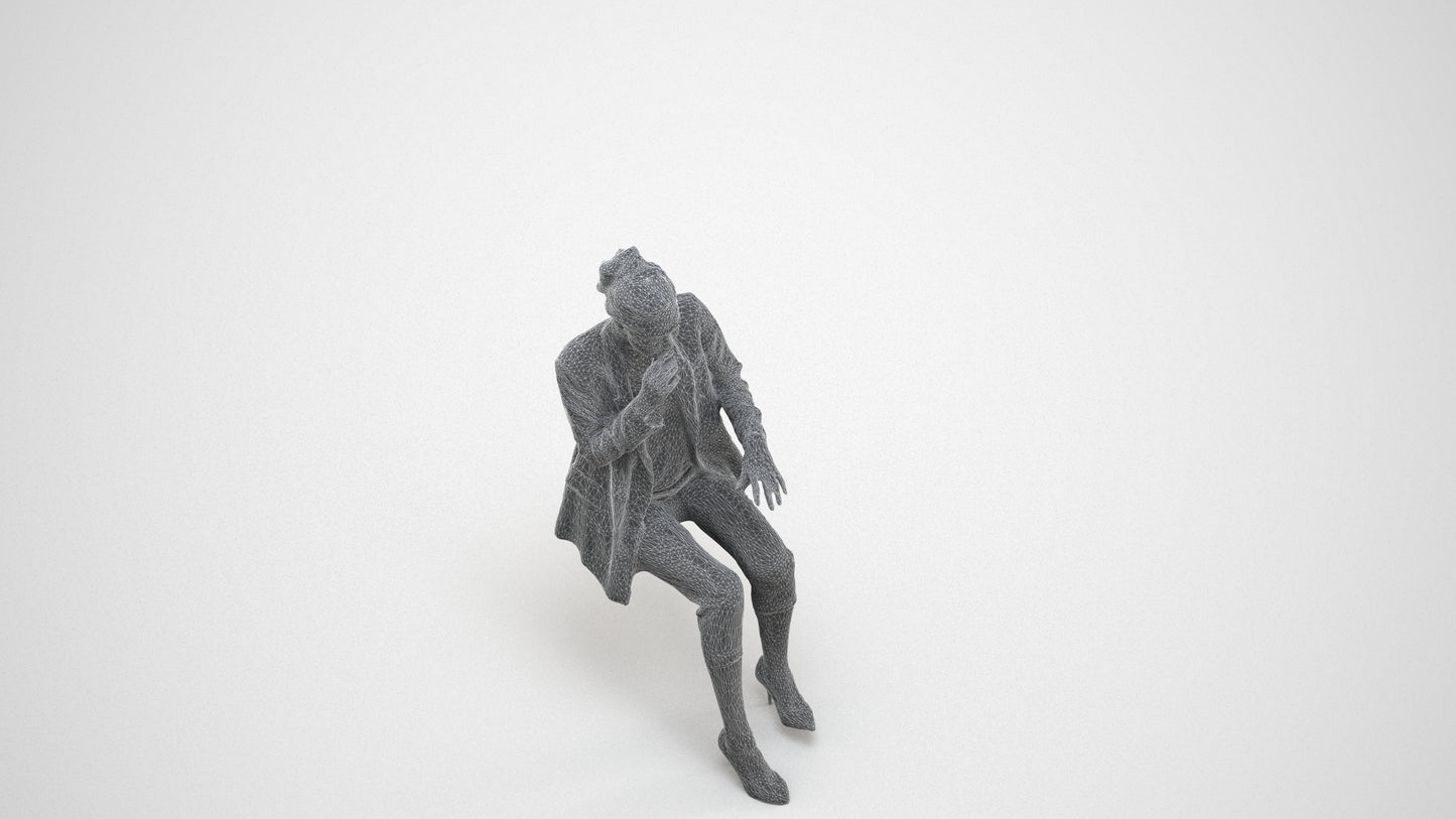 photogrammetry 3D woman business sitting, realistic human model archviz FBX, wireframe three-quarter view