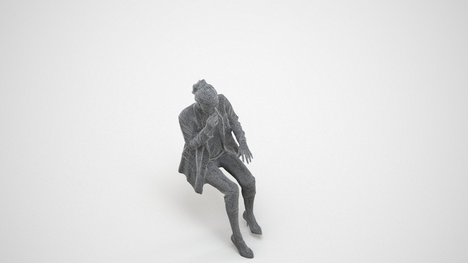 photogrammetry 3D woman business sitting, realistic human model archviz FBX, wireframe three-quarter view