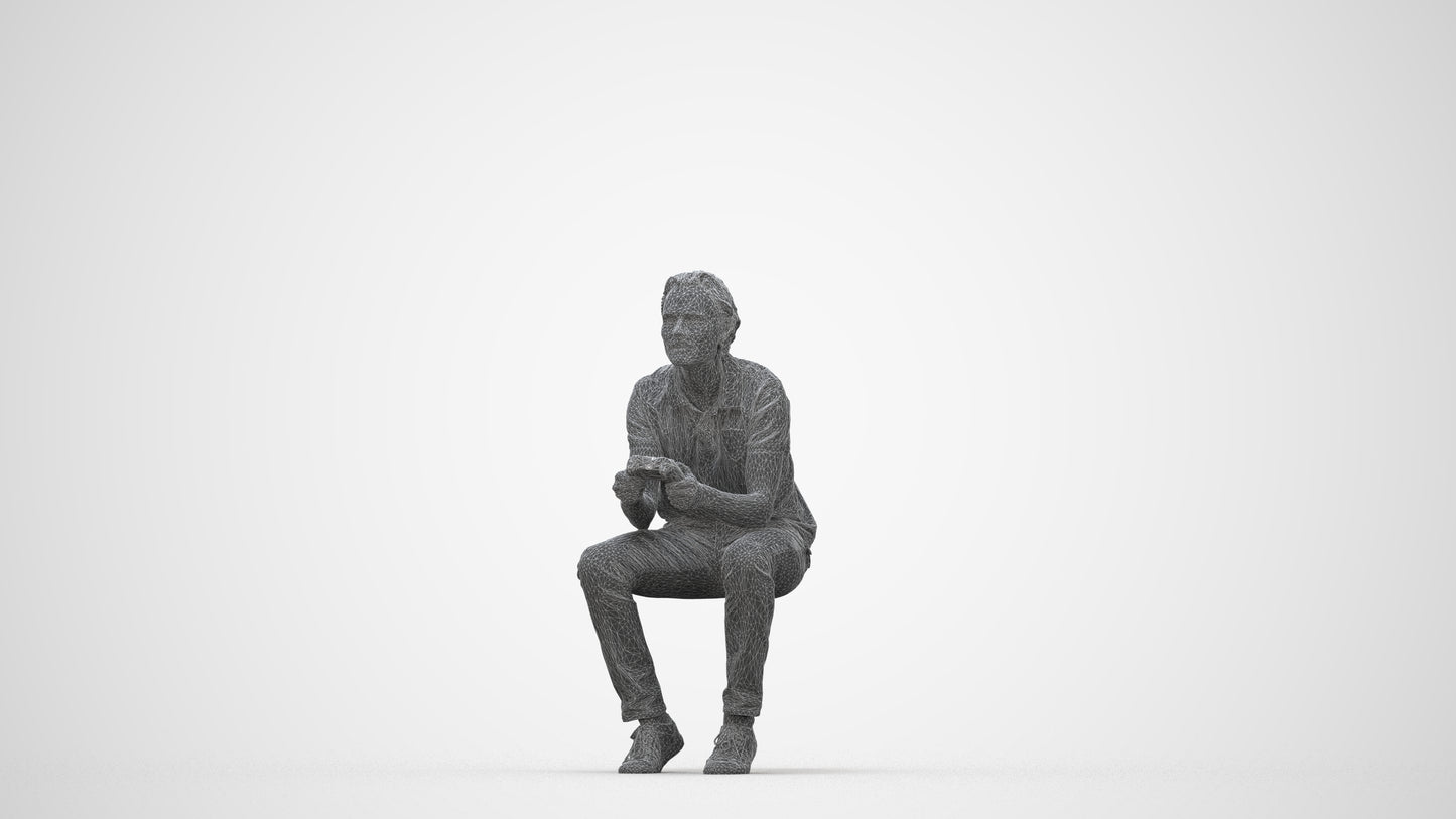 3D scanned man sitting casual, photorealistic archviz people for Enscape and SketchUp, wireframe back view