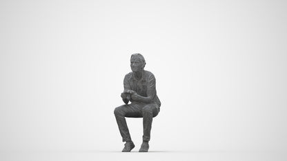3D scanned man sitting casual, photorealistic archviz people for Enscape and SketchUp, wireframe back view