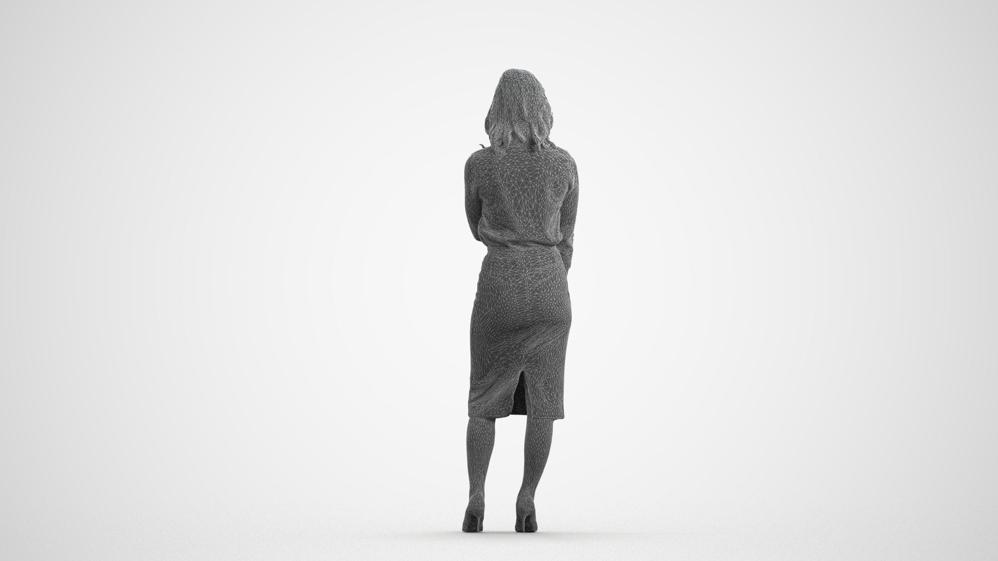 realistic 3D human woman business standing, archviz people FBX OBJ for Blender, wireframe front view