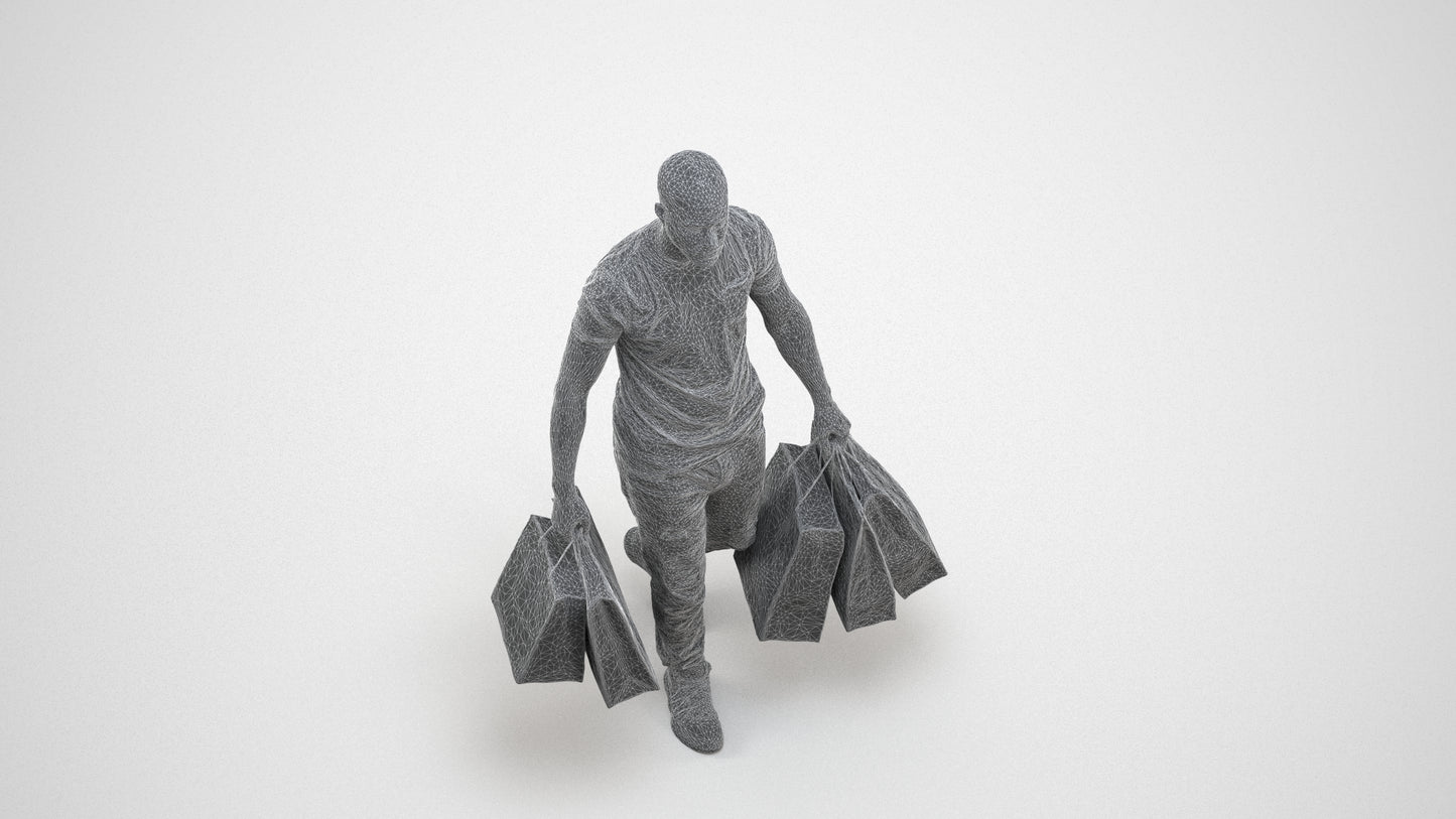 photogrammetry 3D man casual shopping, realistic human model archviz FBX, wireframe three-quarter view