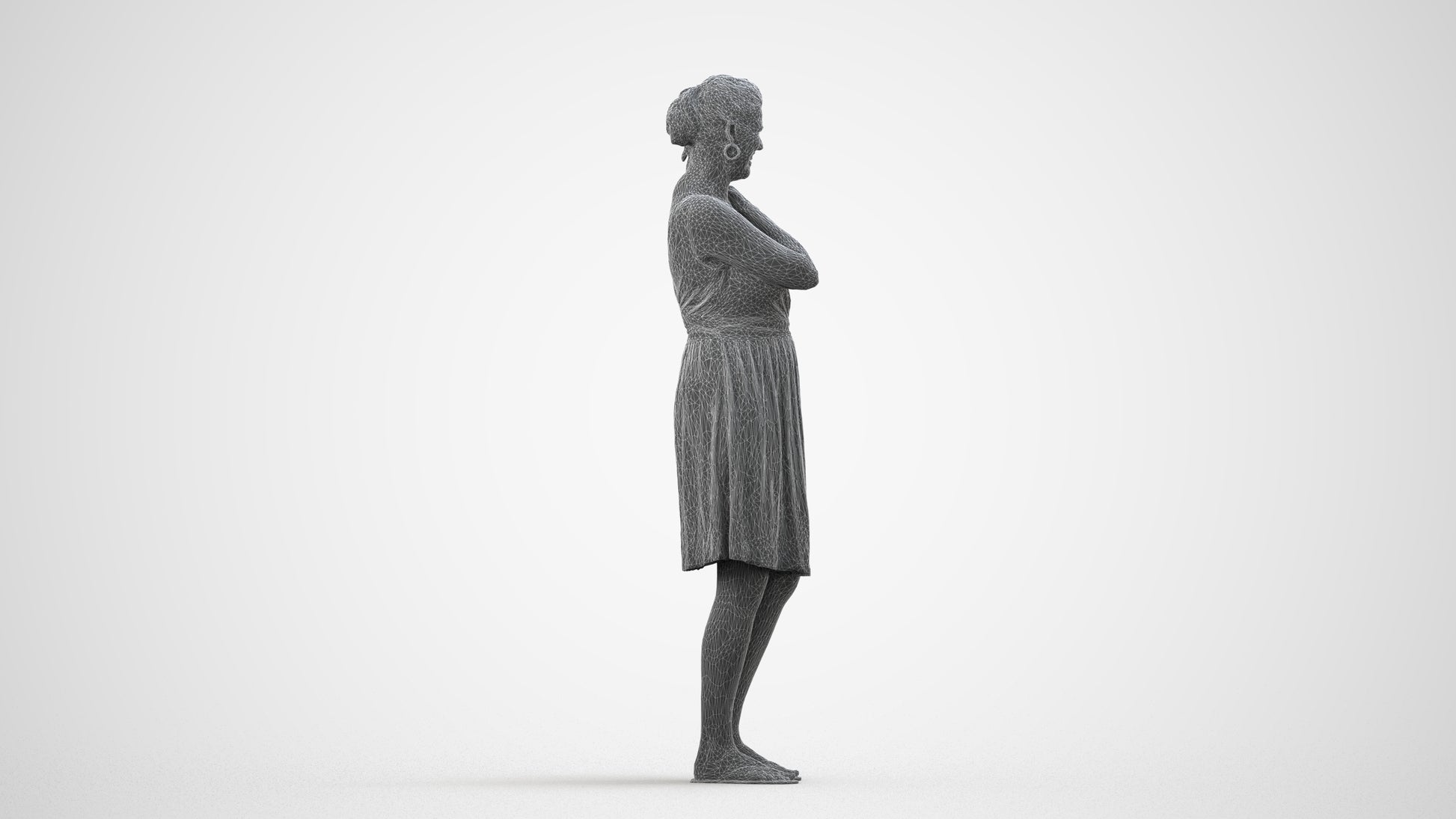 realistic 3D people woman casual standing, render-ready for V-Ray and Corona, FBX OBJ, wireframe side view