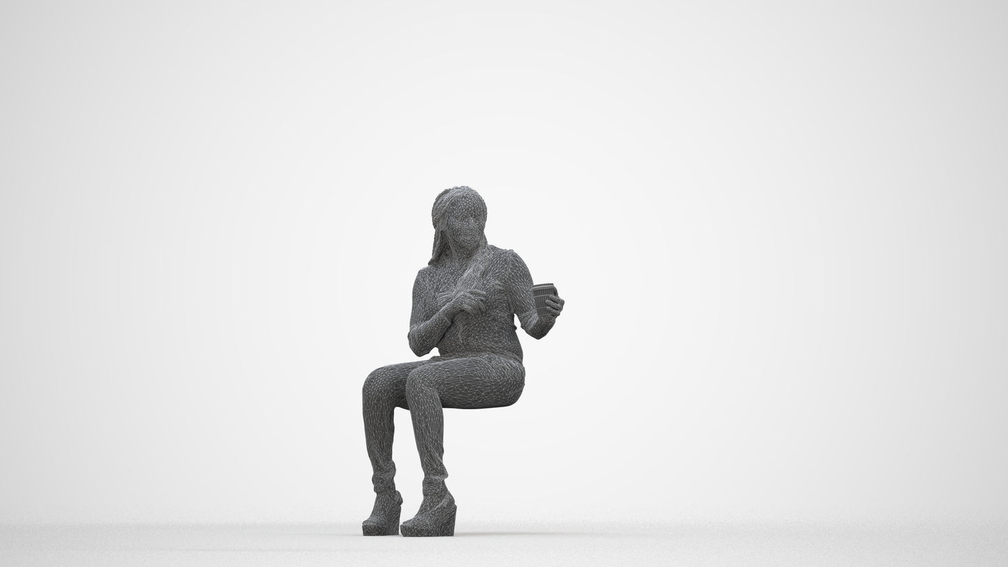 realistic 3D woman casual sitting, scanned archviz people for Blender and 3ds Max, wireframe back view