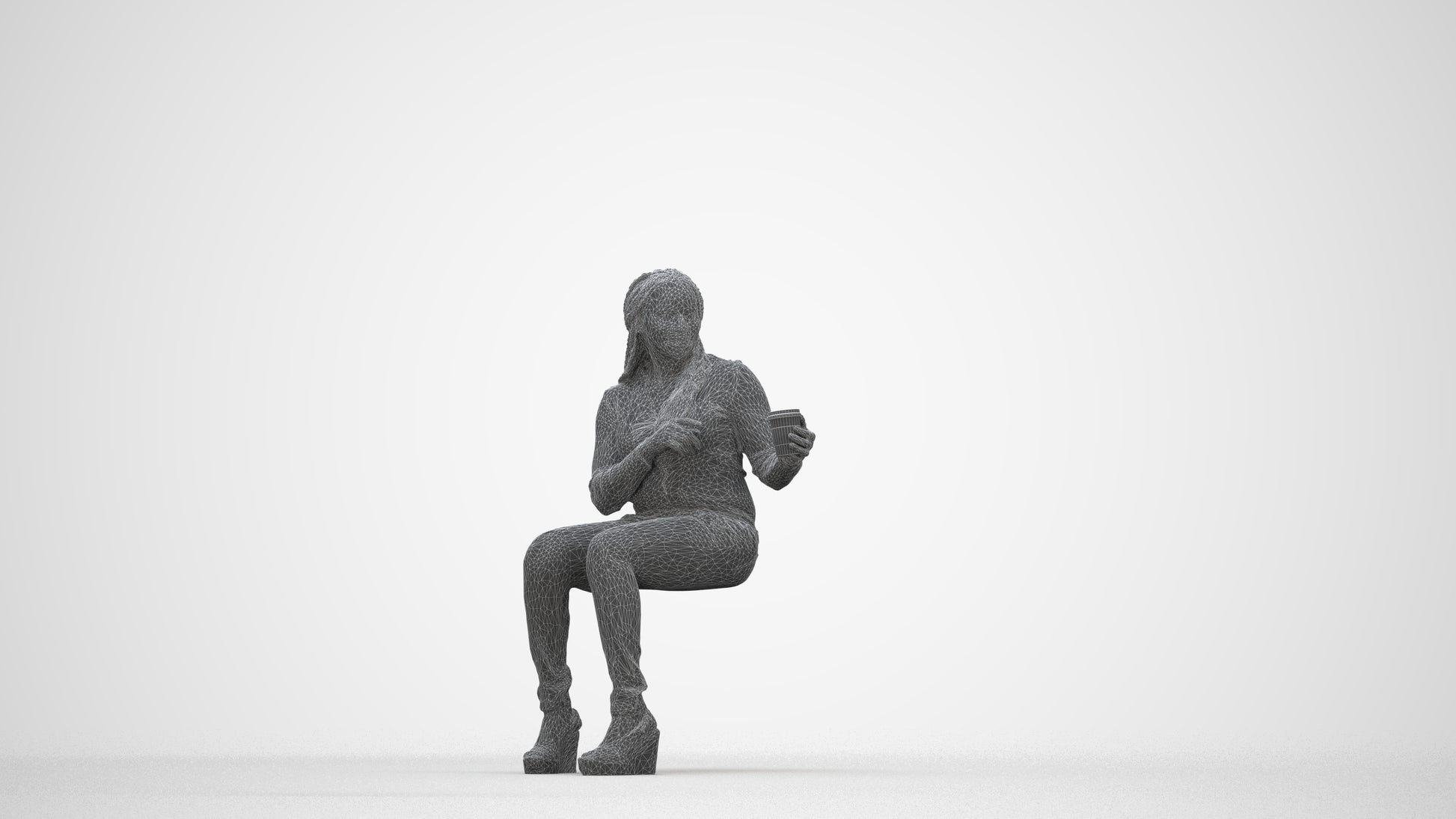 realistic 3D woman casual sitting, scanned archviz people for Blender and 3ds Max, wireframe back view