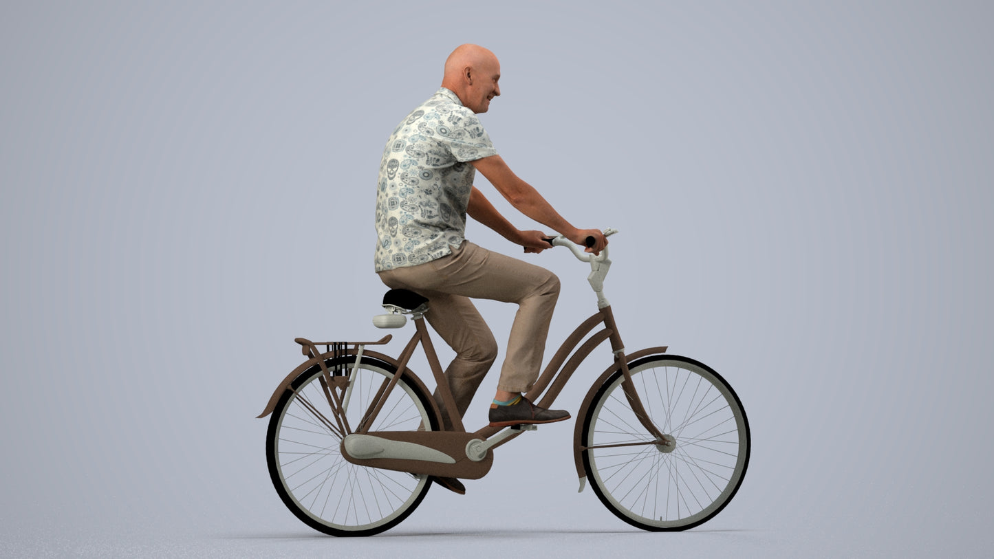photogrammetry 3D senior man casual cycling, realistic human model archviz FBX, side view render