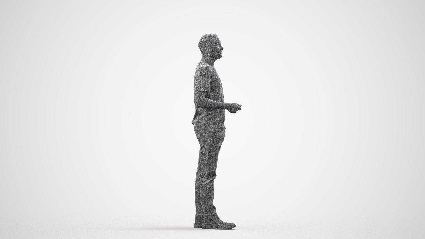 3D scanned man standing casual, photorealistic archviz people for Enscape and SketchUp, wireframe side view