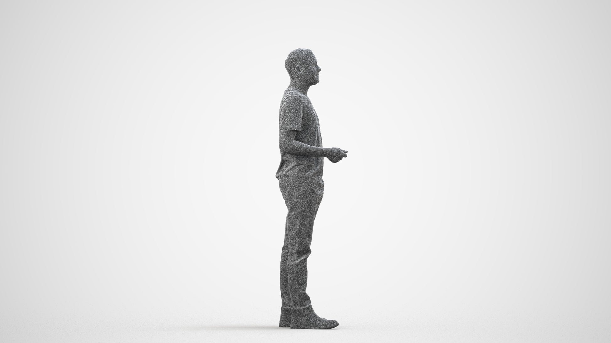 3D scanned man standing casual, photorealistic archviz people for Enscape and SketchUp, wireframe side view