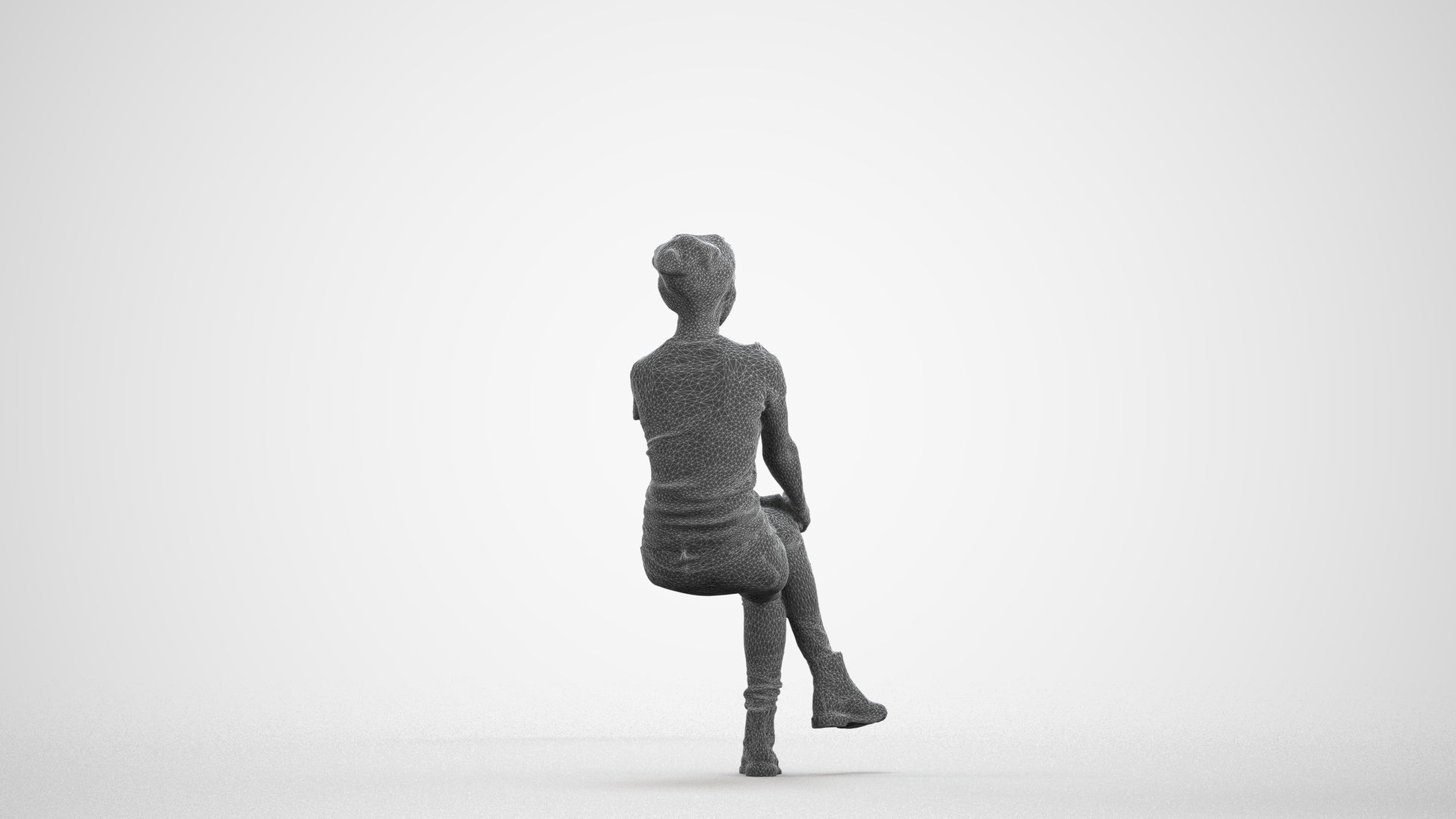 3D human model woman casual sitting, photogrammetry scanned person for archviz, wireframe front view