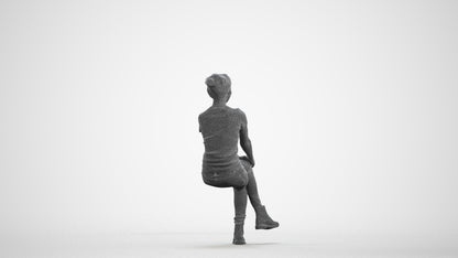 3D human model woman casual sitting, photogrammetry scanned person for archviz, wireframe front view