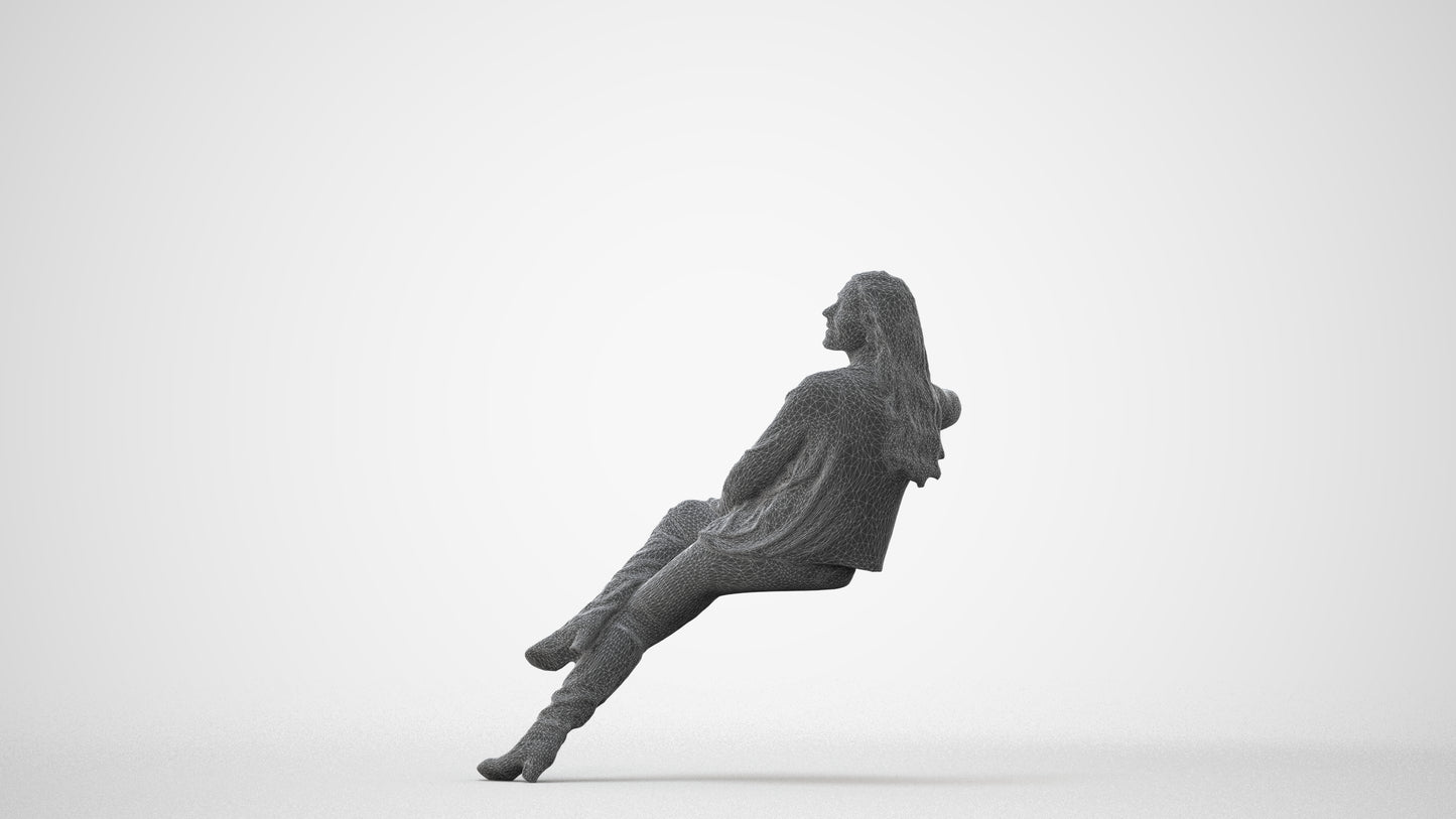 3D human model woman casual sitting, photogrammetry scanned person for archviz, square thumbnail